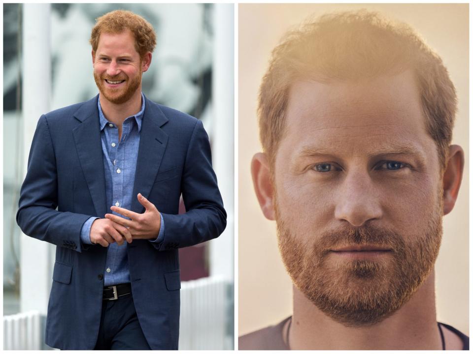 From left: Prince Harry in 2016, and the cover photo for his memoir, "Spare."