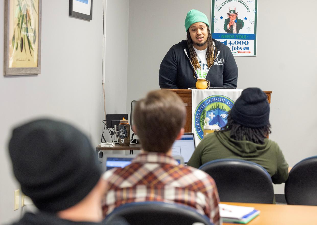 Jamal Parks teaches an Intro to Business class at the Cleveland School of Cannabis in Independence. The school has received accreditation through the Middle States Association-Commissions on Elementary and Secondary Schools.