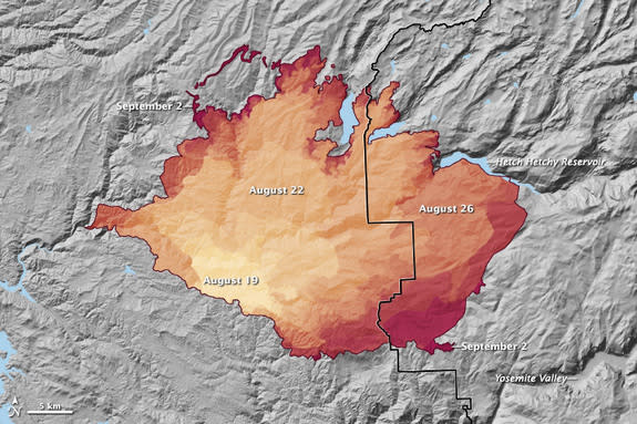 The spread of the Rim Fire between August 19 and September 2, 2013, as reported by fire managers on InciWeb.