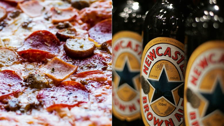 Meat feast pizza and Newcastle Brown Ale