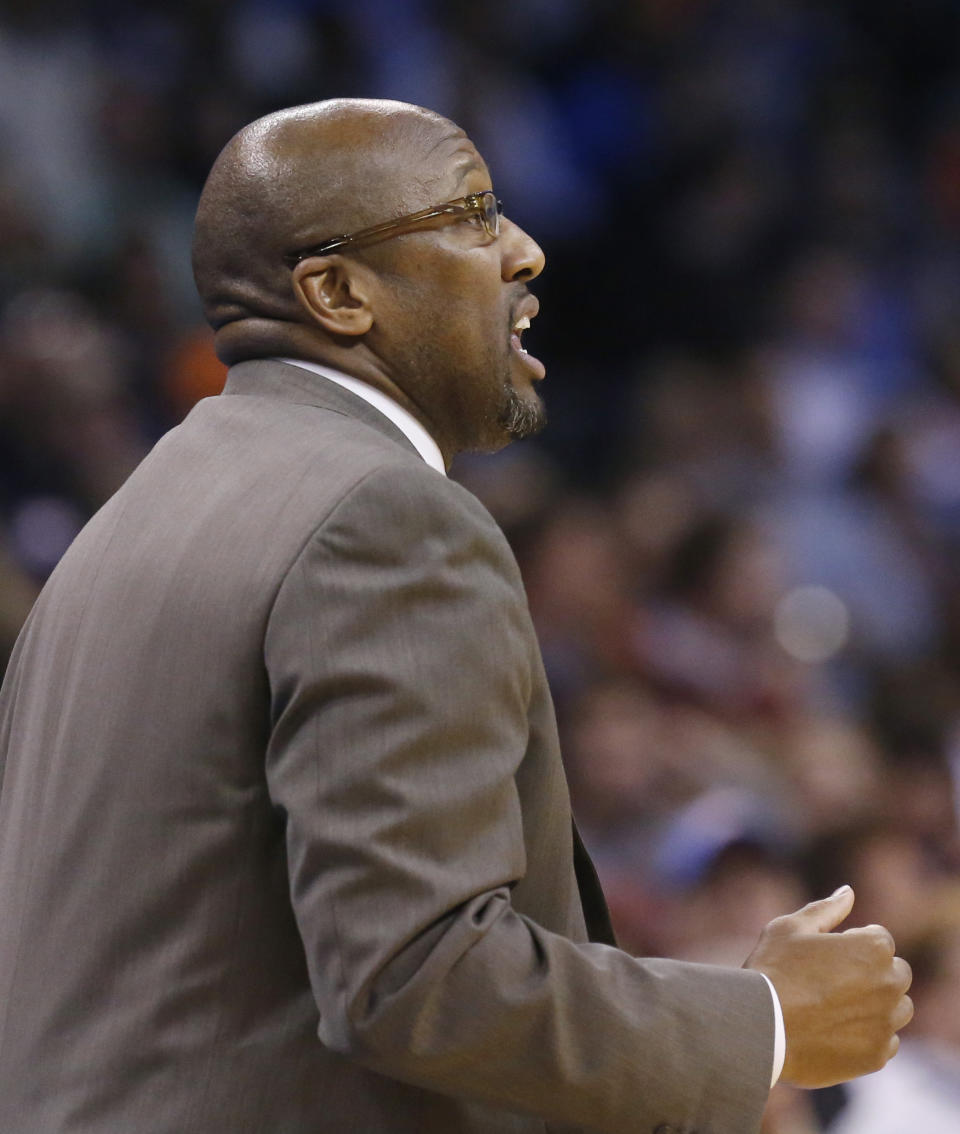 Cleveland Cavaliers coach Mike Brown shouts during the fourth quarter of an NBA basketball game against the Oklahoma City Thunder in Oklahoma City, Wednesday, Feb. 26, 2014. Cleveland won 114-104. (AP Photo/Sue Ogrocki)