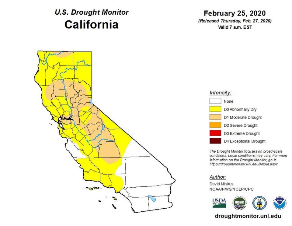 The U.S. Drought Monitor's map of California released Feb. 27, 2020, with data from Feb. 25, 2020, shows close to one-quarter of the state's land area in D1 "moderate drought" status, and another 46 percent as D0 "abnormally dry."