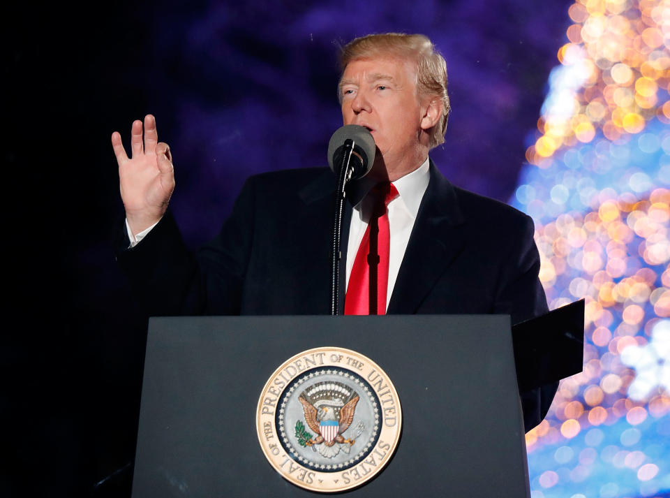 U.S. President Donald Trump speaks at the 95th Annual National Christmas Tree Lighting Ceremony in President’s Park in Washington, DC/Getty Images