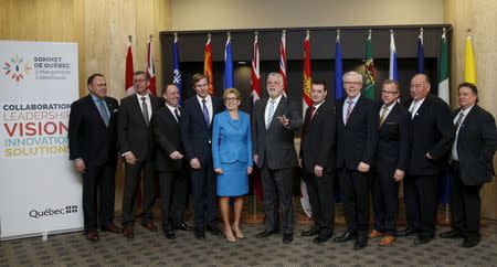 (From L to R) Yukon's Premier Darrell Pasloski, Newfoundland and Labrador's Premier Paul Davis, British Columbia's Parliamentary Secretary for Energy Literacy and the Environment Mike Bernier, New Brunswick's Premier Brian Gallant, Ontario's Premier Kathleen Wynne, Quebec's Premier Philippe Couillard, Nova Scotia's Minister of Environment Randy Delorey, Manitoba's Premier Greg Silinger, Saskatchewan's Premier Brad Wall, Northwest Territories' Premier Bob McLeod and Nunavut's Premier Peter Taptuna pose for a family photo during the Quebec Summit On Climate Changes at the Hilton hotel in Quebec City, April 14, 2015. REUTERS/Mathieu Belanger