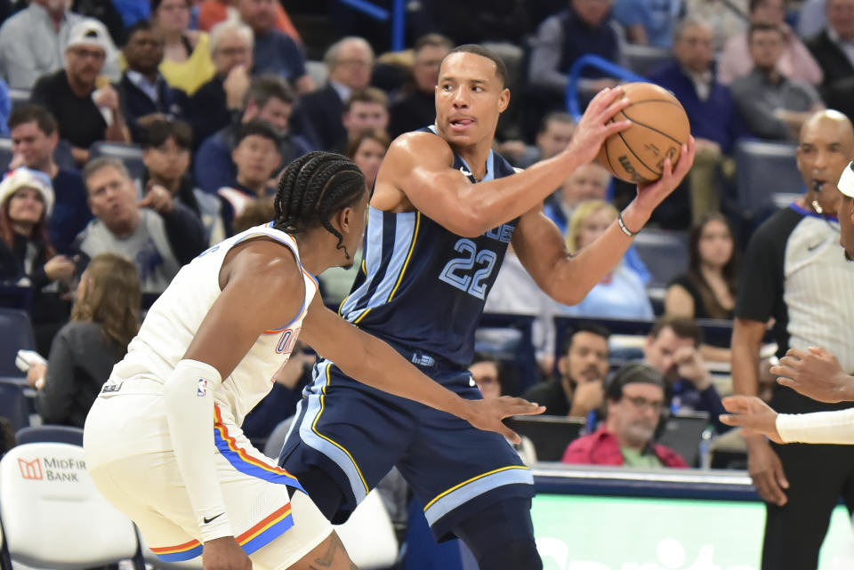 Memphis Grizzzles guard Desmond Bane, right, tries to keep the ball from Oklahoma City Thunder forward Jalen Williams, left, in the second half of an NBA basketball game, Monday, Dec. 18, 2023, in Oklahoma City. (AP Photo/Kyle Phillips)