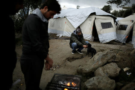 A refugee plays with a dog as others warm themselves around a fire, at a makeshift camp for refugees and migrants next to the Moria camp on the island of Lesbos, Greece, November 30, 2017. REUTERS/Alkis Konstantinidis