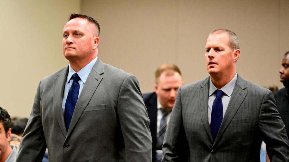 PHOTO: Paramedics Jeremy Cooper, left, and Peter Cichuniec, right, at an arraignment in the Adams County district court at the Adams County Justice Center Jan. 20, 2023.  (Andy Cross/medianews Group/the D/Denver Post via Getty Images)