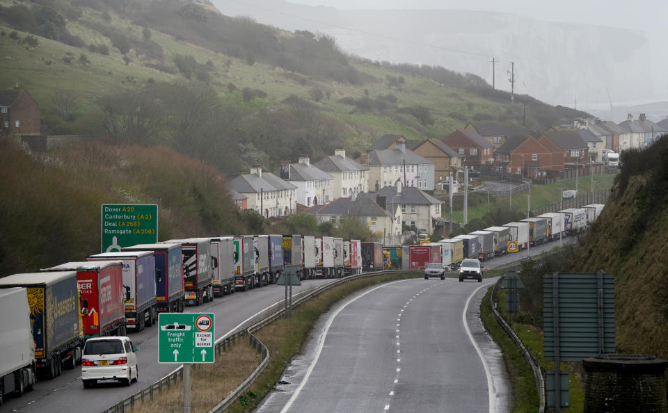 Lorries queue for the Port of Dover along the A20 in Kent as strong winds effect ferry services. Picture date: Friday March 31, 2023. (Photo by Gareth Fuller/PA Images via Getty Images)