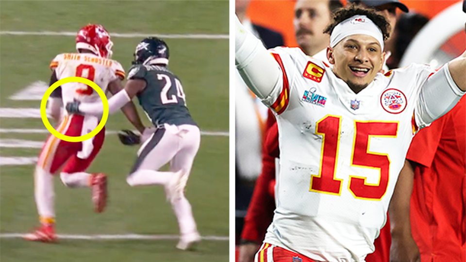 Patrick Mahomes (pictured right) celebrates winning the Super Bowl and (pictured left) a penalty call against James Bradberry.