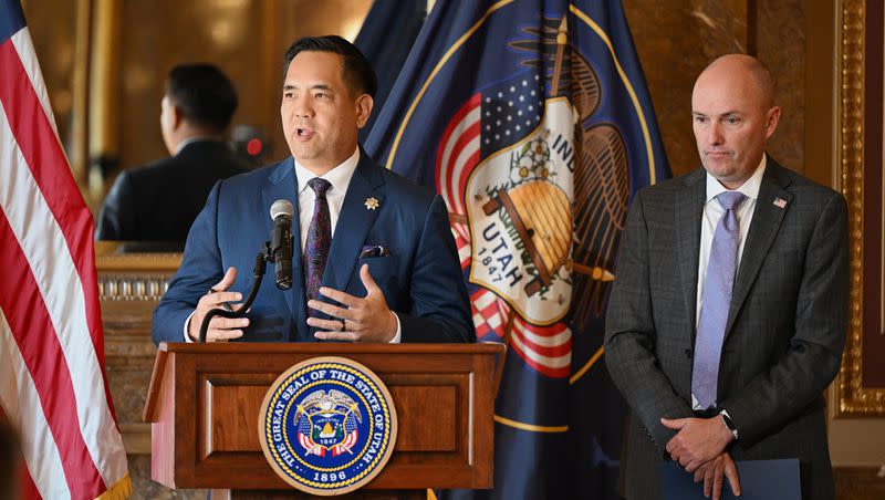 Utah Attorney General Sean Reyes discusses details of a lawsuit filed against TikTok as he joins Gov. Spencer Cox at a press conference at the Capitol in Salt Lake City on Oct. 10, 2023.