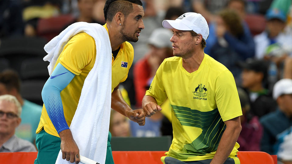 Nick Kyrgios and Lleyton Hewitt. (Photo by Bradley Kanaris/Getty Images)