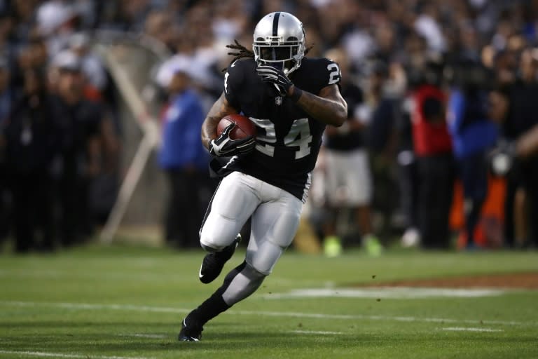 Veteran Raiders running back Marshawn Lynch had the Oakland crowd rocking after bulldozing through several Rams tacklers to score the game's opening touchdown