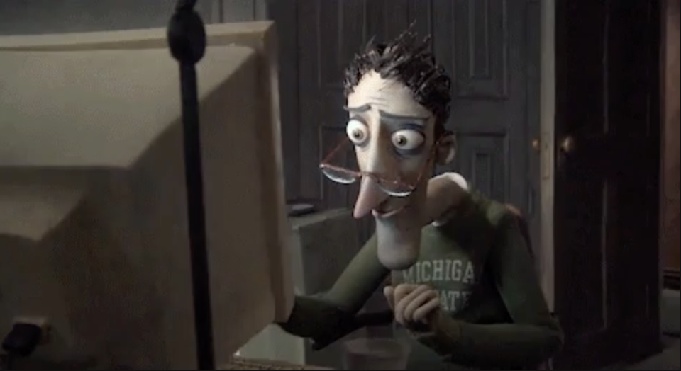 The tired, stressed-out dad sitting at his computer in Coraline