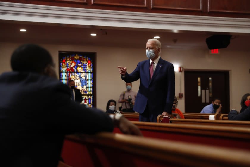 Democratic presidential candidate, former Vice President Joe Biden speaks to members of the clergy and community leaders at Bethel AME Church in Wilmington, Del., Monday, June 1, 2020. (AP Photo/Andrew Harnik)