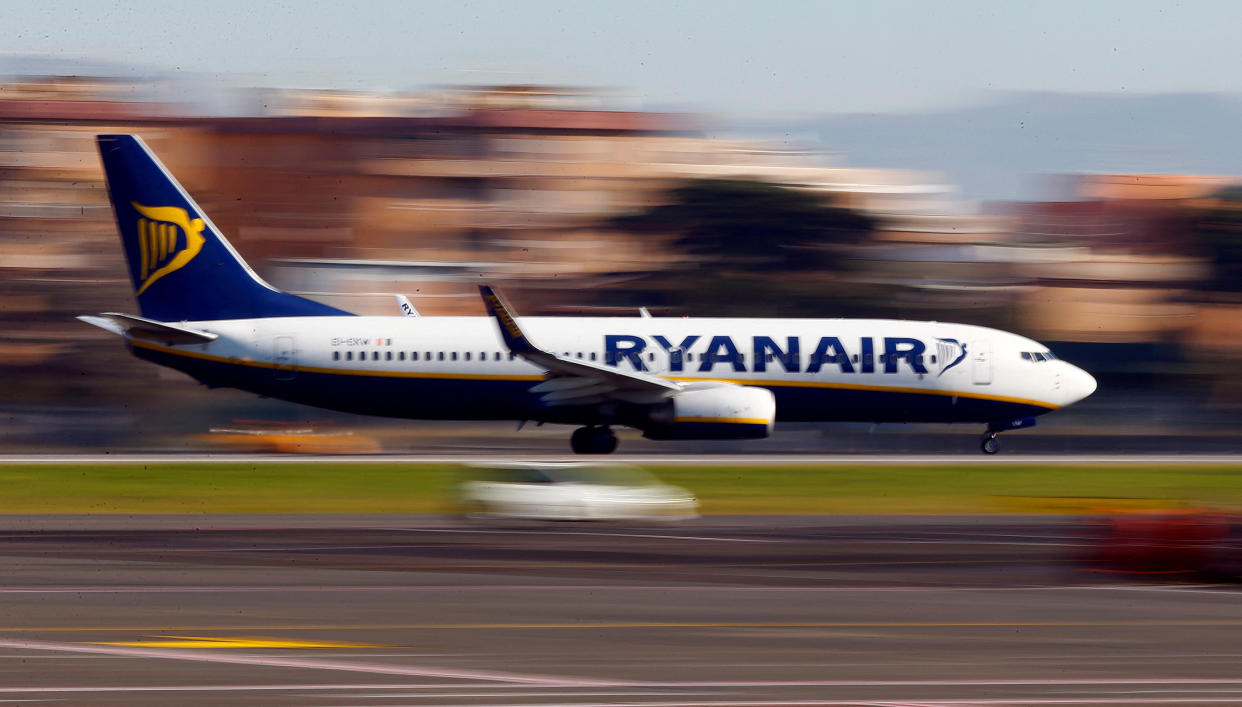 FILE PHOTO: A Ryanair aircraft lands at Ciampino Airport in Rome, Italy December 24, 2016. REUTERS/Tony Gentile/File Photo