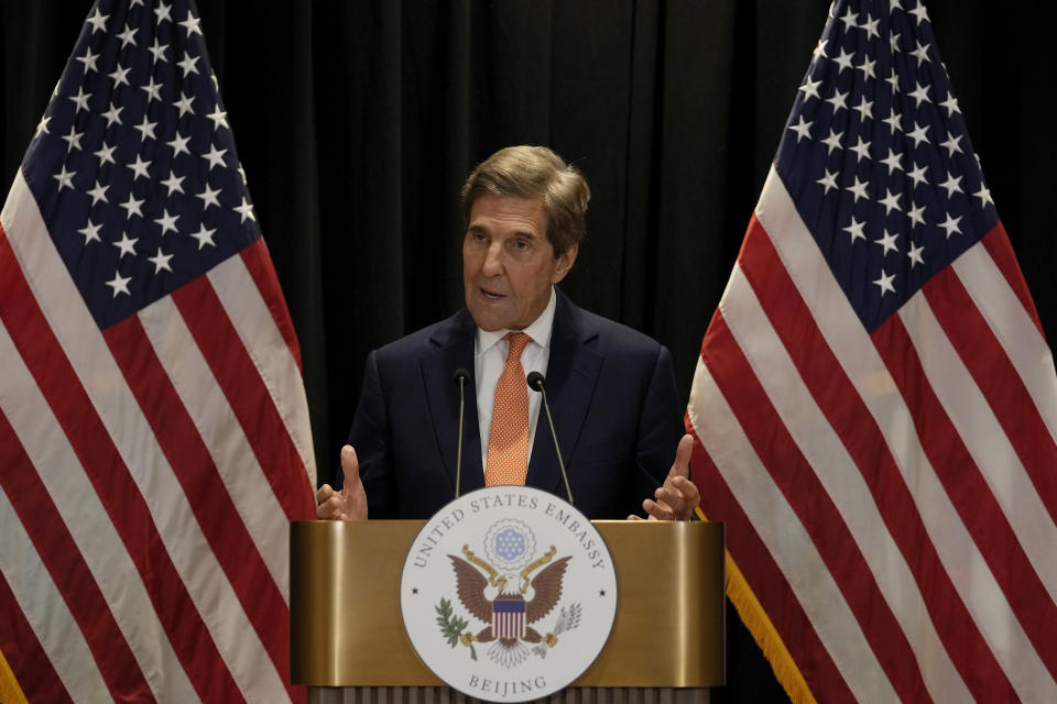 U.S. climate envoy John Kerry speaks during a press conference at a hotel in Beijing, Wednesday, July 19, 2023. China is willing to work with Washington on reducing global warming as long as its political demands are met, the country's vice president told Kerry on Wednesday. (AP Photo/Andy Wong)