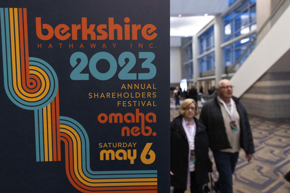 Shareholders arrive for the Berkshire Hathaway annual meeting on Saturday, May 6, 2023, in Omaha, Neb. (AP Photo/Rebecca S. Gratz)