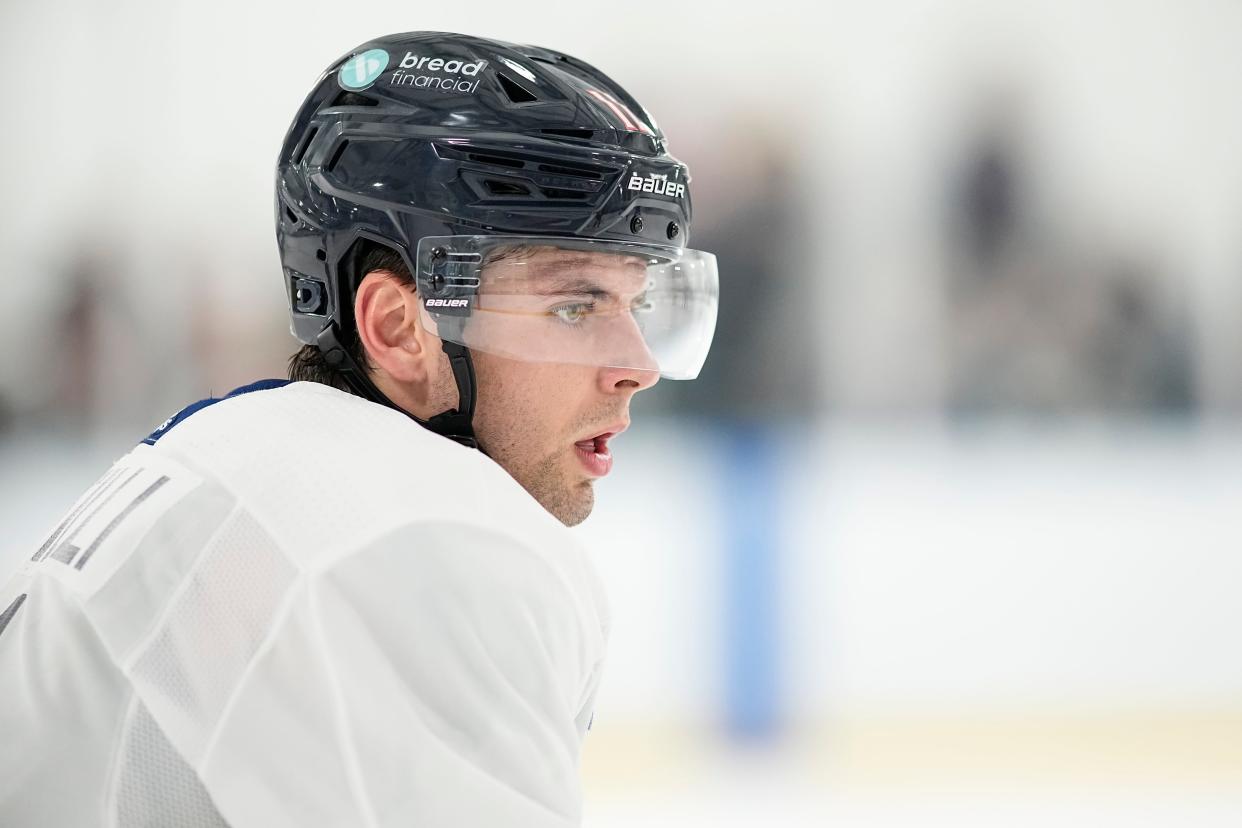 Jul 2, 2023; Columbus, Ohio, USA;  Forward Adam Fantilli (11) watches during the Columbus Blue Jackets development camp at the OhioHealth Chiller North in Lewis Center. 