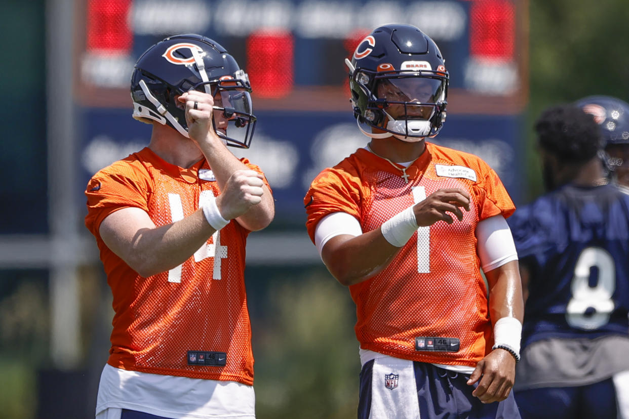 Andy Dalton (14) is the Bears' starting quarterback in Week 1, and nothing prized rookie Justin Fields does can change that. At least according to head coach Matt Nagy's plan. (Kamil Krzaczynski-USA TODAY Sports)