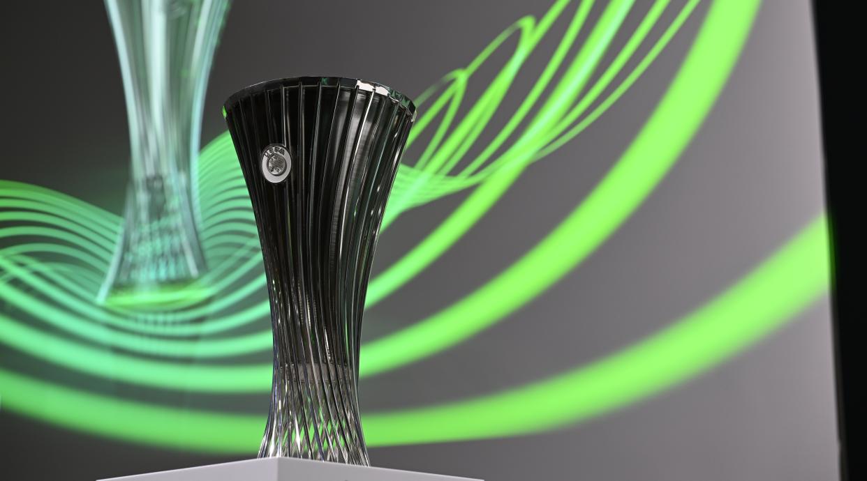  The UEFA Europa Conference League trophy is pictured ahead of the 2022/23 UEFA Europa Conference League knockout round play-off draw at UEFA headquarters, the House of European Football, on November 7, 2022 in Nyon, Switzerland. 
