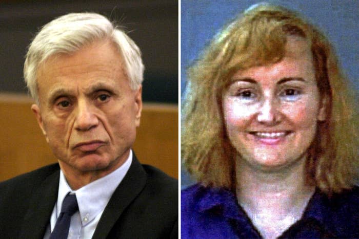 Left: Robert Blake attends a pretrial hearing in Los Angeles on Sept. 17, 2004. Right: An undated California Department of Motor Vehicles photograph of Bonny Lee Bakley.