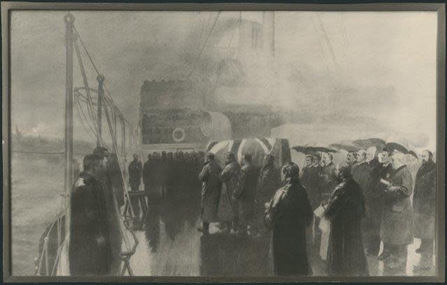 The arrival of John Thompson's body at Halifax Harbour aboard the warship Blenheim.