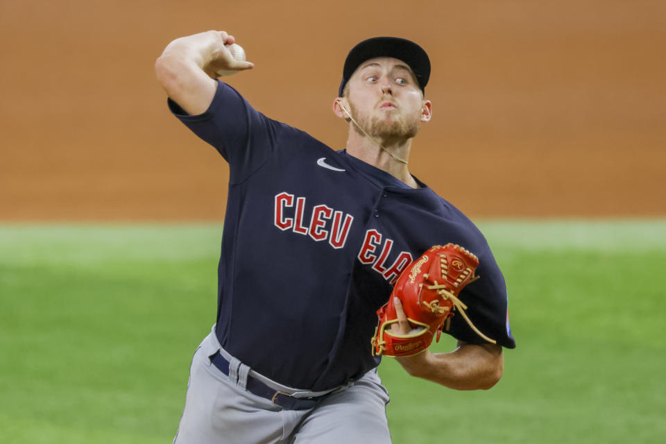 Cleveland Guardians' starting pitcher Tanner Bibee delivers during the sixth inning of a baseball game against the Texas Rangers, Sunday, July 16, 2023, in Arlington, Texas. (AP Photo/Gareth Patterson)