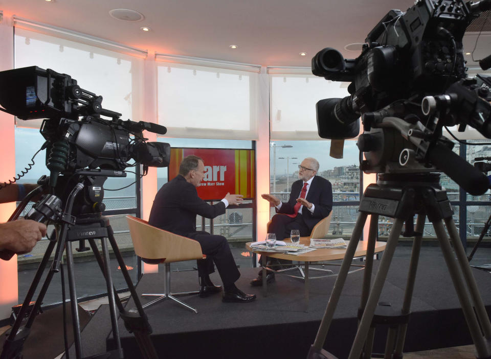 For use in UK, Ireland or Benelux countries only EDITORIAL USE ONLY Handout photo issued by the BBC of (left to right) Andrew Marr and Labour leader Jeremy Corbyn appearing on the BBC One current affairs programme, The Andrew Marr Show in Brighton.