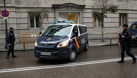 A police van beleived to be carrying some of the five Catalan politicians ordered to be jailed pending their trial for rebellion leaves the Supreme Court in Madrid, Spain, March 23, 2018. REUTERS/Juan Medina