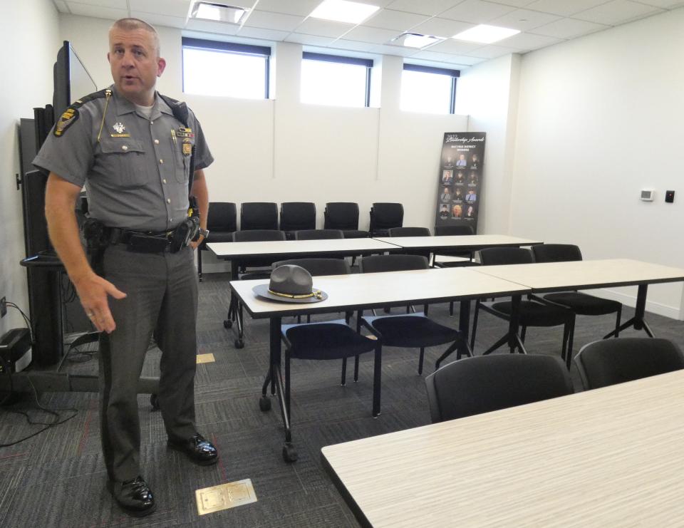 The Ohio Highway Patrol’s new building in Bucyrus features include a public meeting and training room with big-screen TVs, a computer and other features, Lt. Ty Skaggs said.