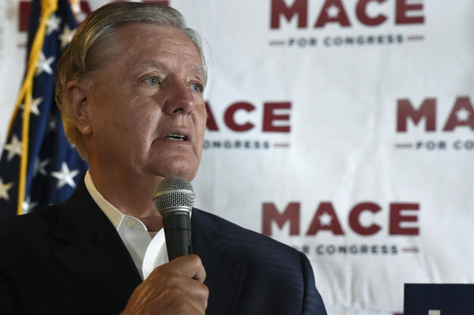 U.S. Sen. Lindsey Graham speaks at a campaign event for U.S. House candidate Nancy Mace on Monday, Sept. 21, 2020, in North Charleston, S.C. (AP Photo/Meg Kinnard)