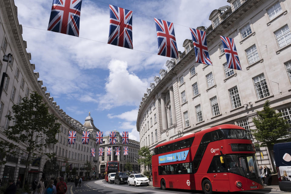 Union Flags hanging high above Regent Street. Photo: Mike Kemp/In Pictures via Getty