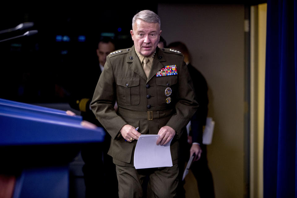 U.S. Central Command Commander Marine Gen. Kenneth McKenzie arrives to speak, Wednesday, Oct. 30, 2019, at a joint press briefing at the Pentagon on the Abu Bakr al-Baghdadi raid, in Washington. (AP Photo/Andrew Harnik)