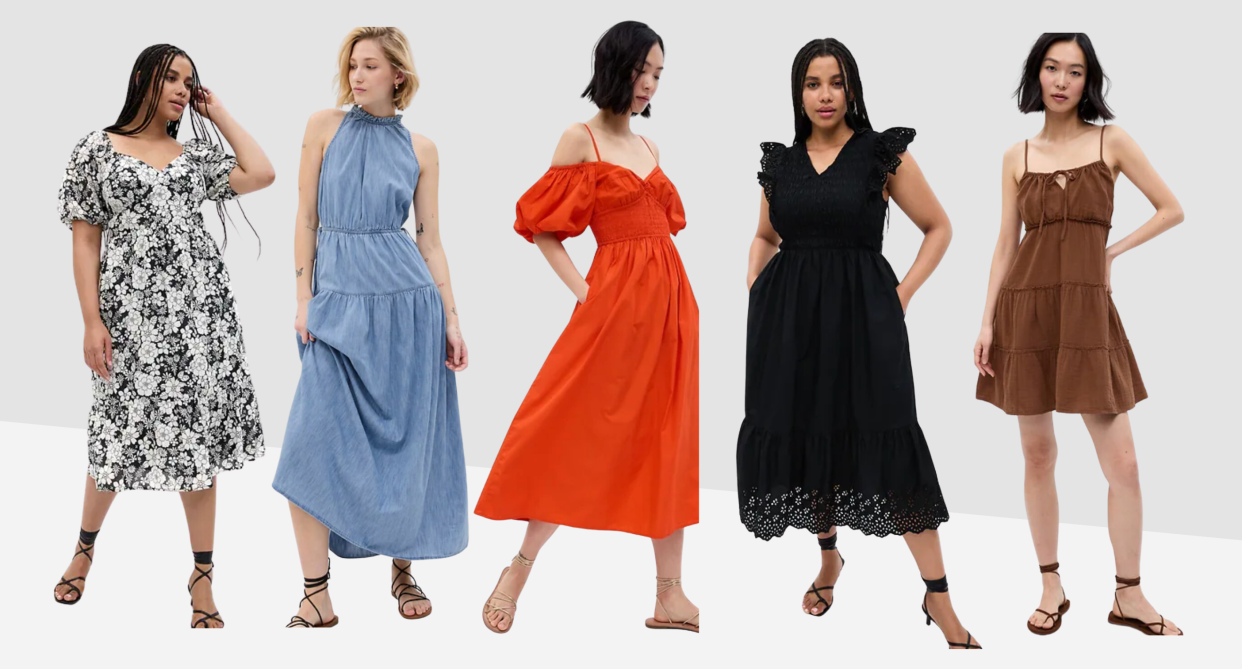 collage of 5 gap models wearing spring and summer dresses, floral dress, denim maxi dress, orange off-the-shoulder dress, black midi dress, brown mini dress