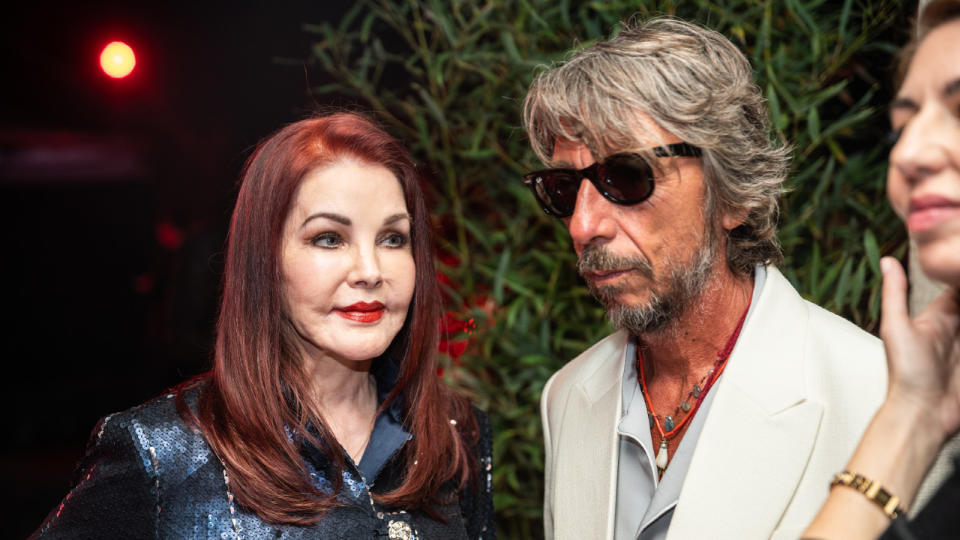 (from left) Priscilla Presley, Pier Paolo Piccioli and Sophia Coppola at the THR Roma Venice Film Festival party on Sept. 2, 2023.