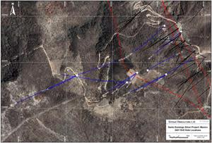 Locations of drill hole collars and traces completed to date on the Santo Domingo Silver Property. Also shown are the main mineralized vein system lineaments and locations of historical drill holes.