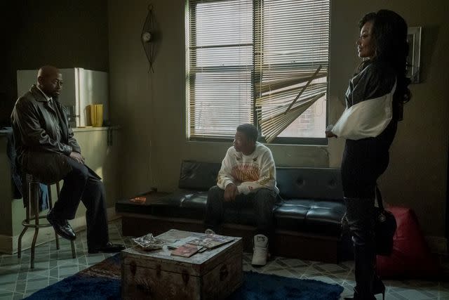 <p>Starz</p> anan Stark (Mekai Curtis); Detective Malcolm Howard (Omar Epps) and Raquel 'Raq' Thomas (Patina Miller) in season 3 of 'Power Book III: Raising Kanan'