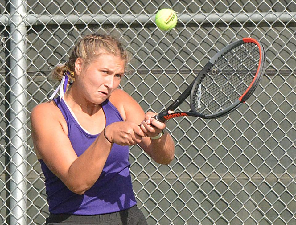 Watertown's Cayda Weiss hits a return during her fifth flight singles championship match in the Eastern South Dakota Conference girls tennis tournament on Tuesday, Oct. 1, 2024, at the Highland Park Courts in Watertown.