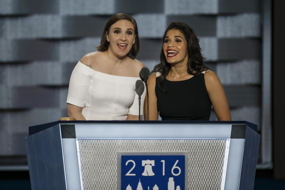 Actresses America Fererra and Lena Dunham speak at the 2016 Democratic National Convention, in Philadelphia, Pa., on July 26, 2016.&nbsp;