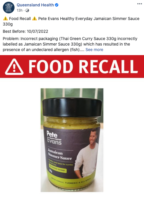 Pete Evans' simmer sauce has been recalled due to incorrect packaging. Photo: Facebook/QueenslandHealth.