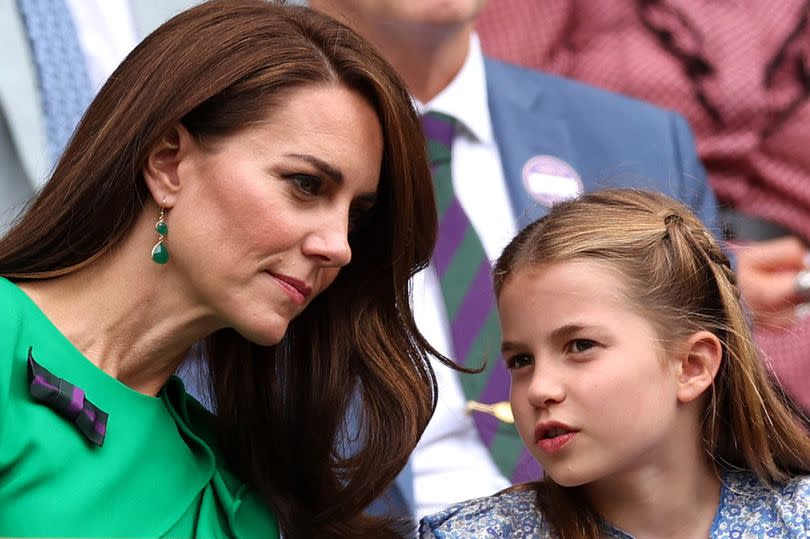 LONDON, ENGLAND - JULY 16: Catherine, Princess of Wales and Princess Charlotte of Wales are seen in the Royal Box ahead of the Men's Singles Final between Novak Djokovic of Serbia and Carlos Alcaraz of Spain on day fourteen of The Championships Wimbledon 2023 at All England Lawn Tennis and Croquet Club on July 16, 2023 in London, England. (Photo by Julian Finney/Getty Images)