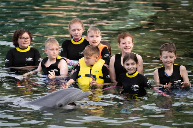 Children swim with dolphins during the Dreamflight visit to Discovery Cove in Orlando, Florida