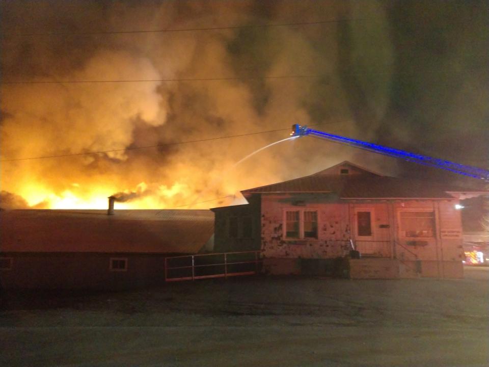 The cause of a fire that destroyed the former Babcock Ladder Factory, at 36 Delaware Ave., is currently unknown. No injuries reported.