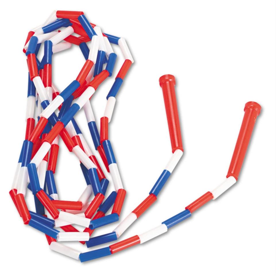 A segmented jump rope with red, white, and blue plastic sections and red handles