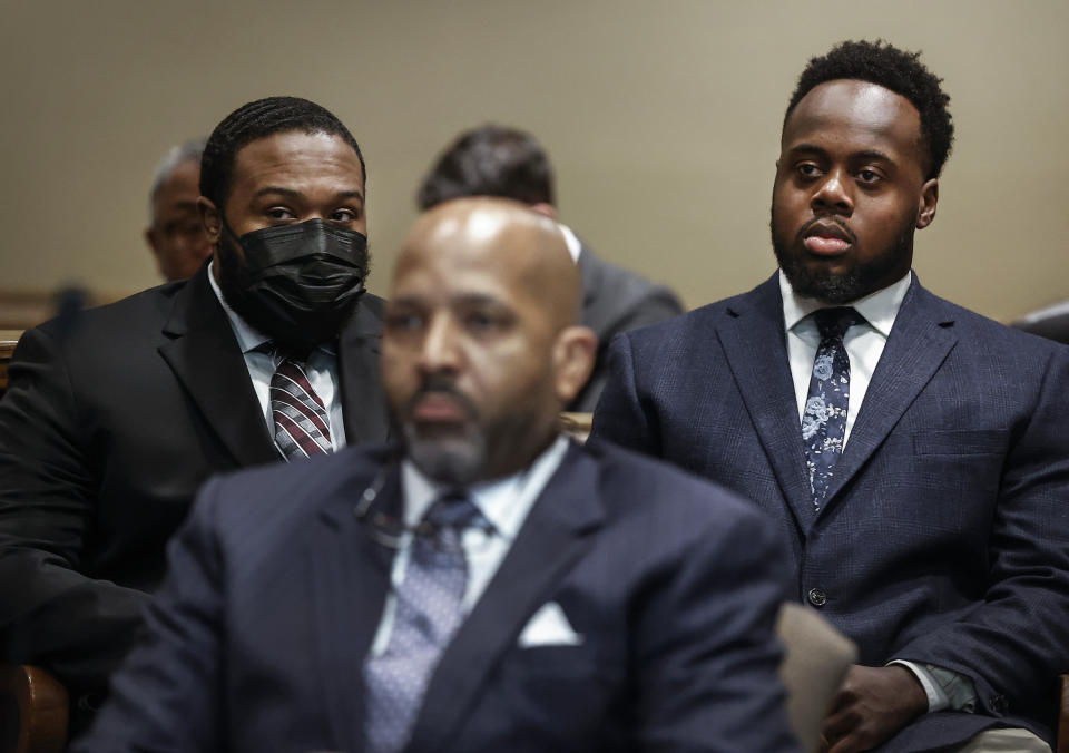 Former Memphis Police Officers Demetrius Haley, back left, and Tadarrius Bean, back right, appear in Judge James Jones' courtroom on Monday Nov. 6, 2023. The judge has set an August trial date for four former Memphis police officers charged in the fatal beating of Tyre Nichols after a traffic stop in January. (Mark Weber/Daily Memphian via AP)