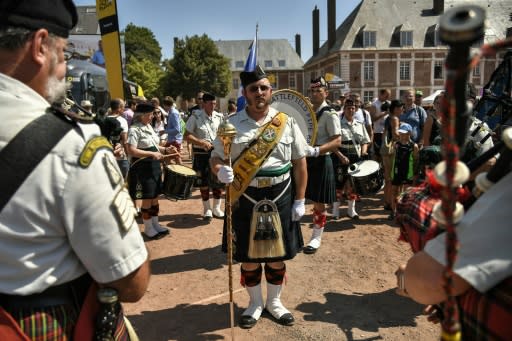 The Somme Battlefield Pipe Band played as the peloton set off on a stage that started by passing World War I sites around Arras on Sunday