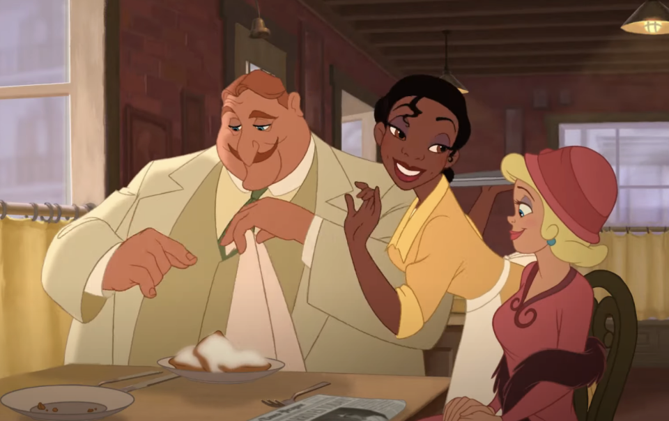 Animated characters, a man and Tiana from "The Princess and the Frog," in a cozy diner setting with a pie on the table