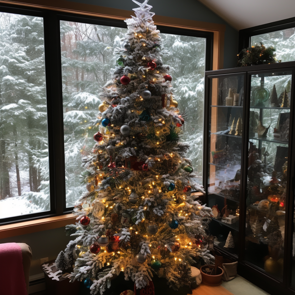 A rustic Christmas tree that looks as thought it's covered in snow that has warm lights and small bulb ornaments on it