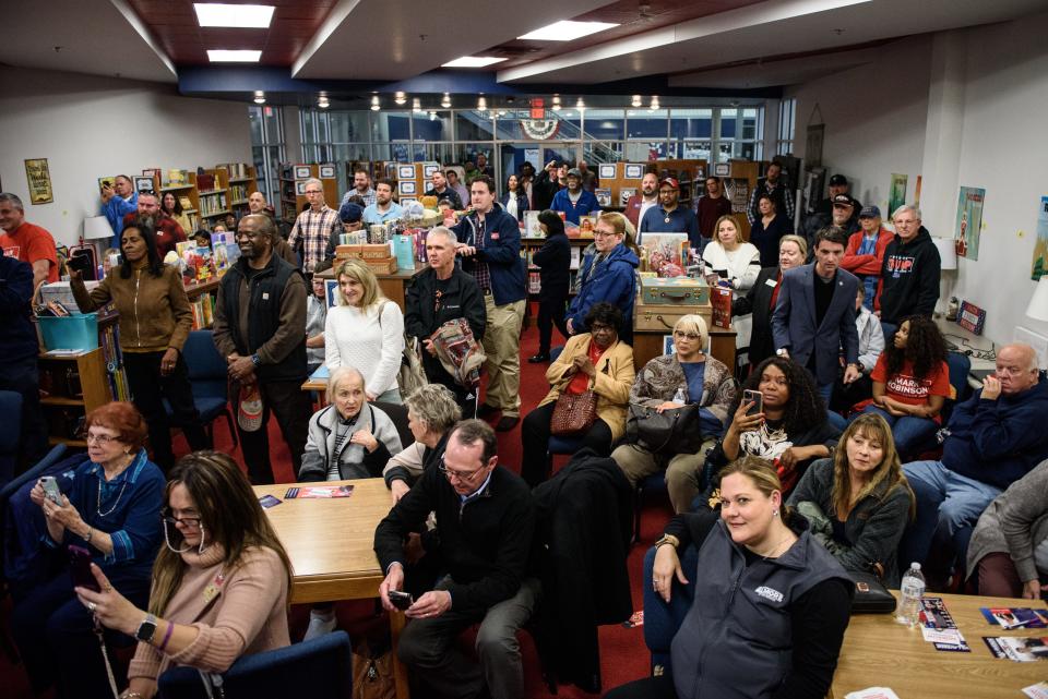 A crowd fills the library at Freedom Christian Academy to gubernatorial candidate Mark Robinson speak at rally on Saturday, Jan. 13, 2024.
