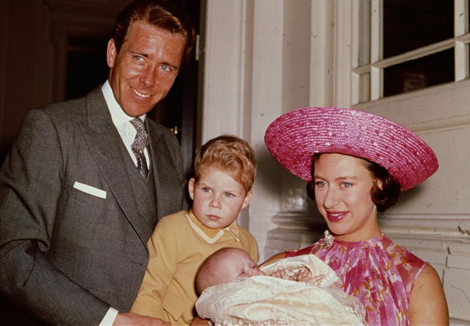 Margaret, her husband and their son at Kensington Palace shortly after the birth of their daughter, Lady Sarah Armstrong-Jones.